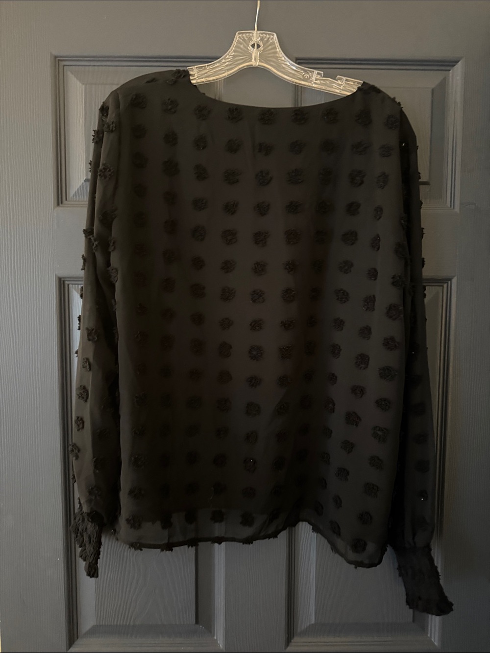 Black Textured Dot Sheer Blouse with Smocked Cuffs